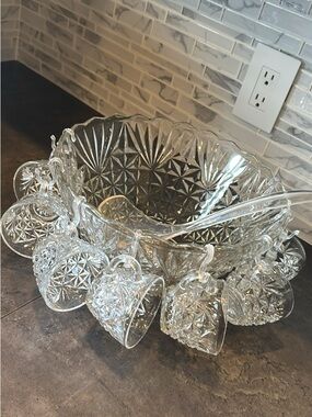 Vintage Clear Pressed Glass Punch Bowl Set